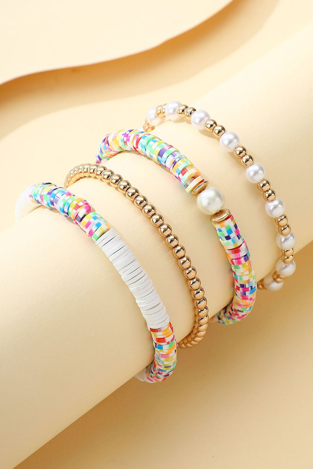 Gold Pearl Colorful Clay Beaded Stackable Bracelet Set