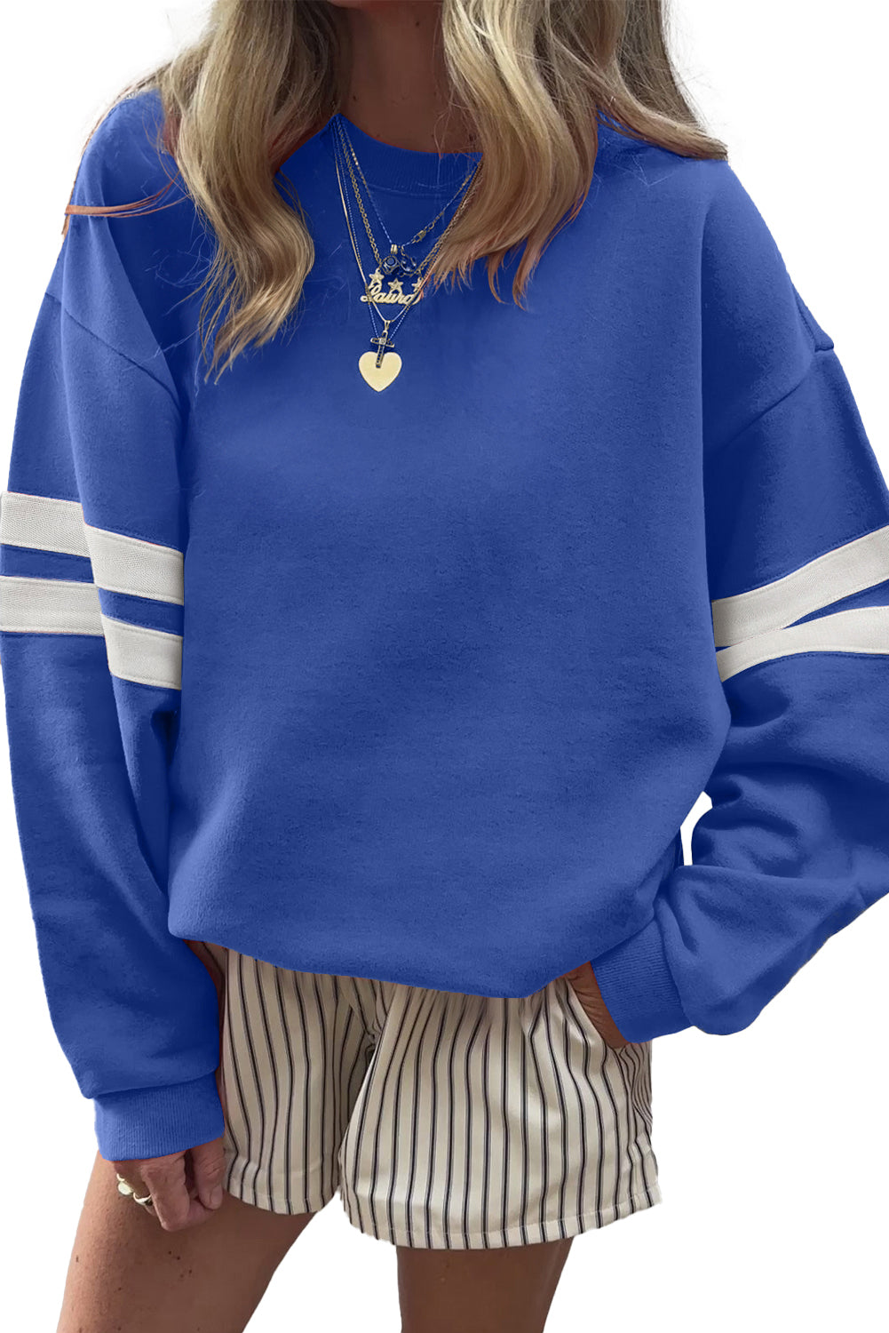 Sky Blue Preppy Striped Sleeve Loose Sweatshirt