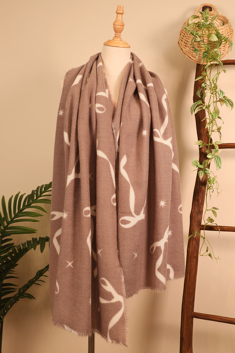 Parchment Bow Star Print Raw Edge Lightweight Scarf