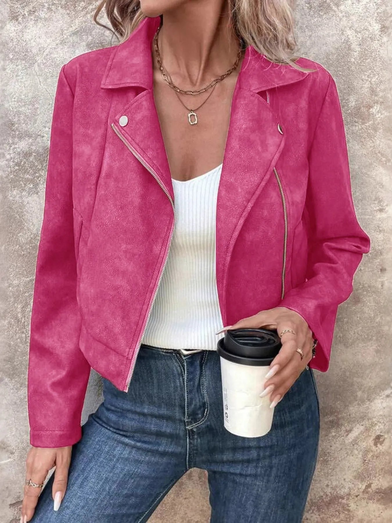Zip Up Suede Cropped Moto Jacket