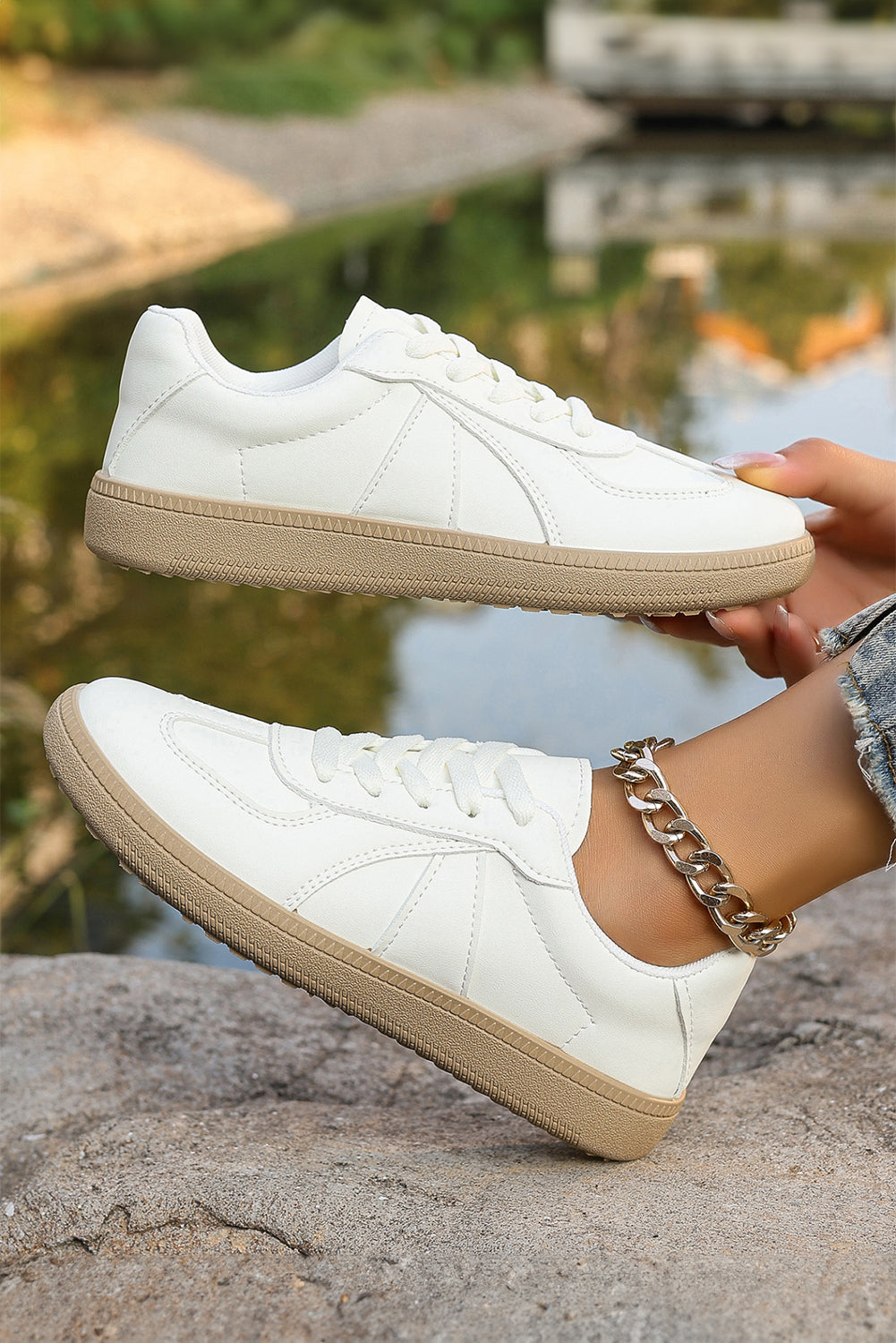 White Faux Leather Lace Up Flat Sneakers