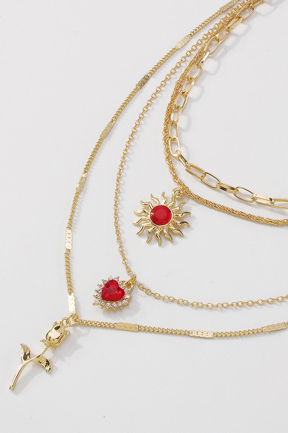 Gold Vintage Sun Heart Flower Pendant Charm Multi Layer Necklace