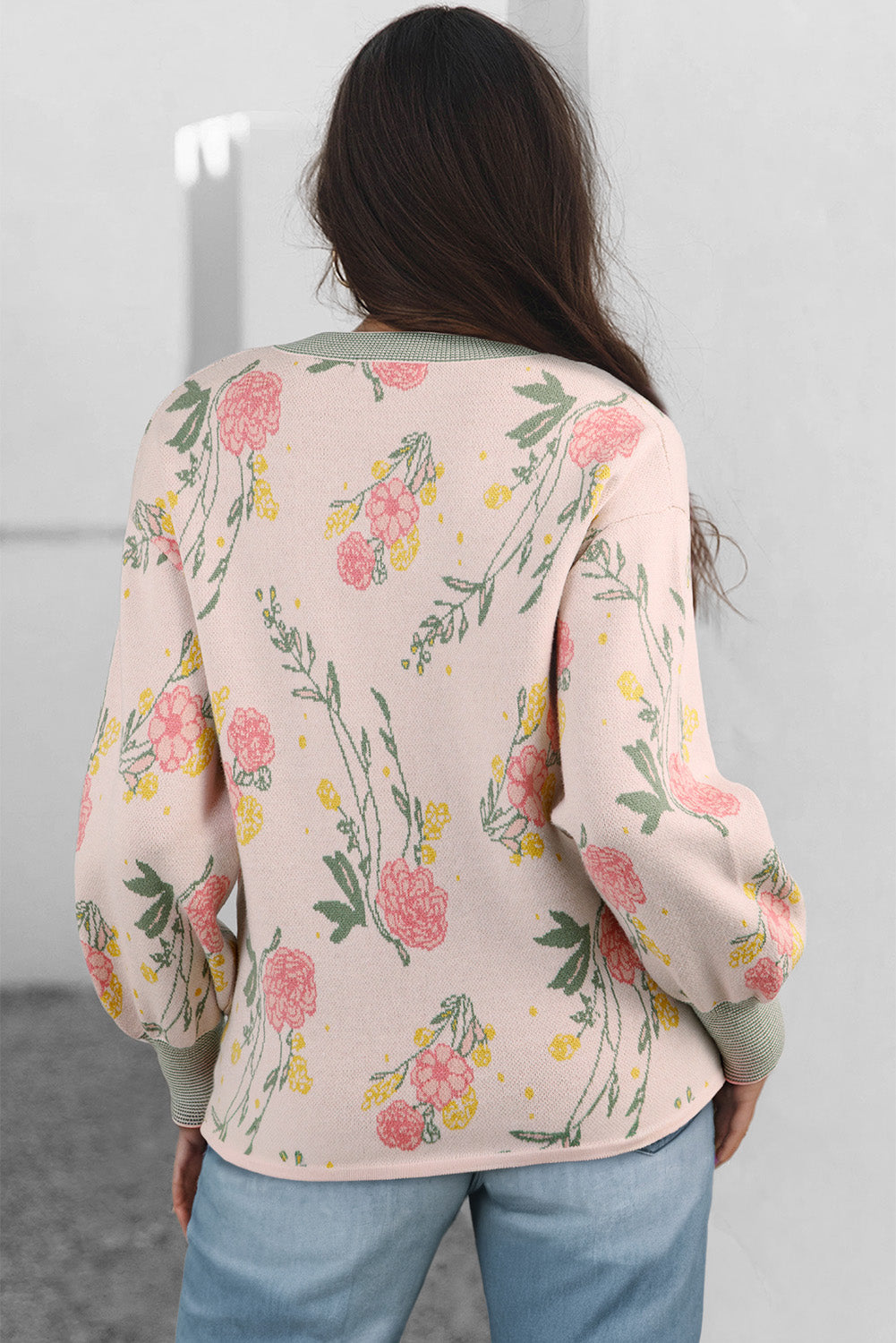 Pink Floral Striped Colorblock V Neck Loose Sweater