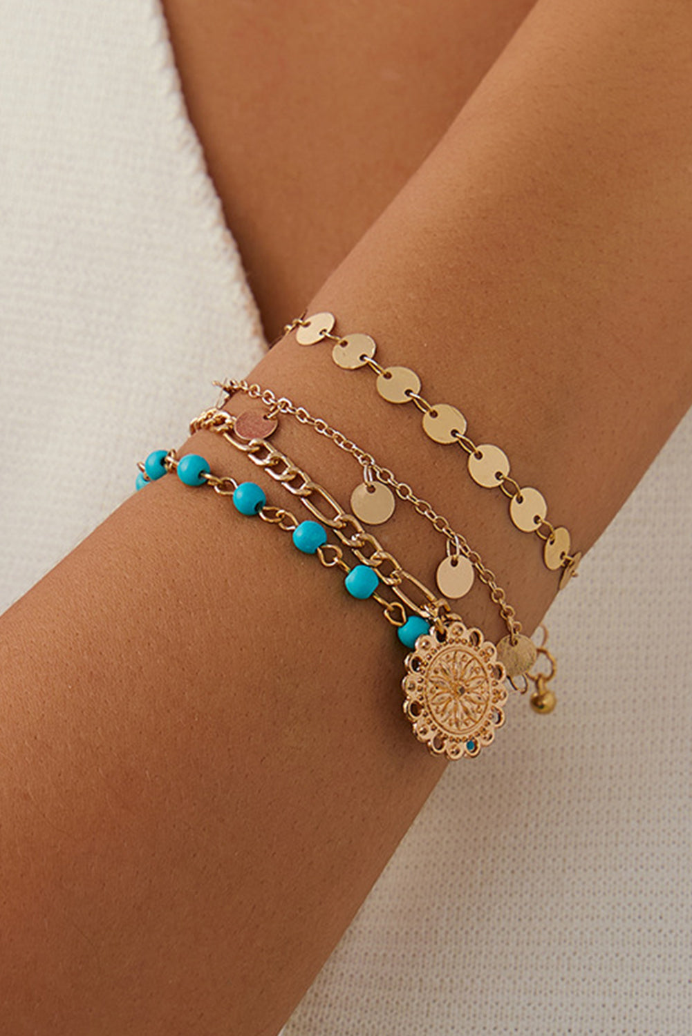 Gold 4pcs Pendant Turquoise Bead Bracelet Set
