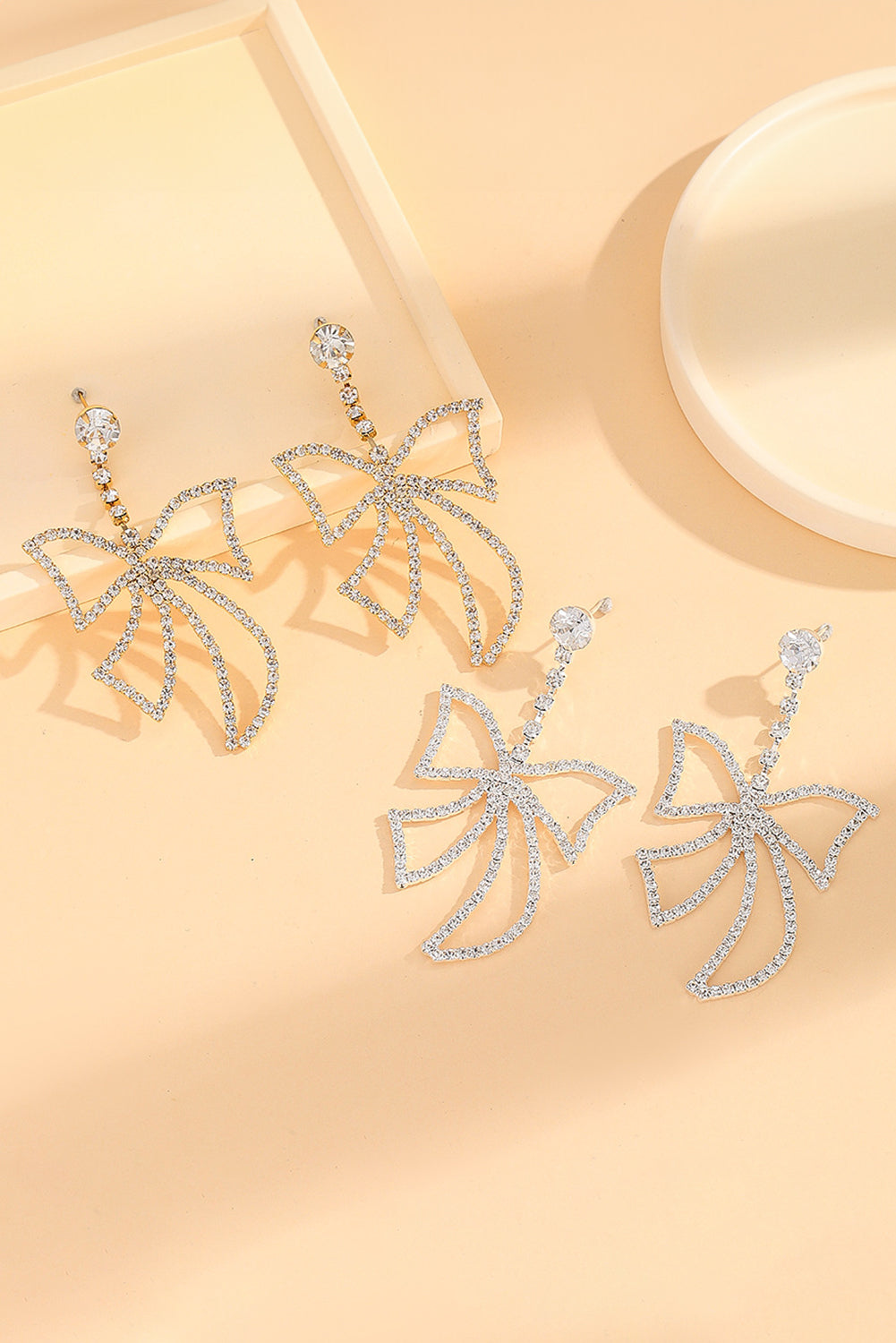 Gold Rhinestone Large Bow Pendant Earrings
