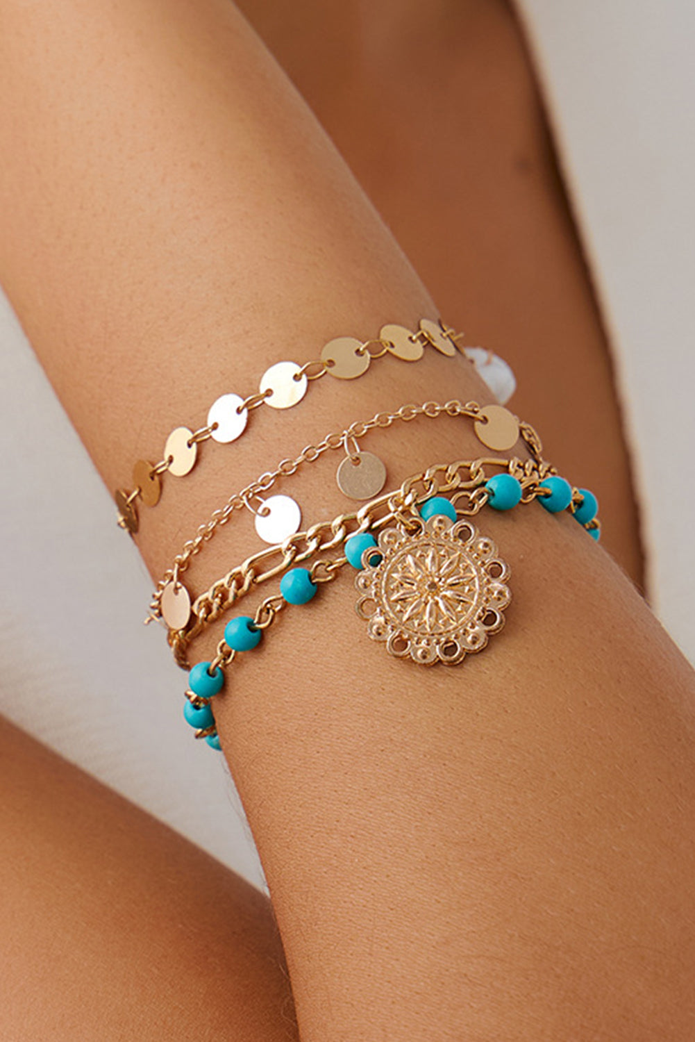 Gold 4pcs Pendant Turquoise Bead Bracelet Set