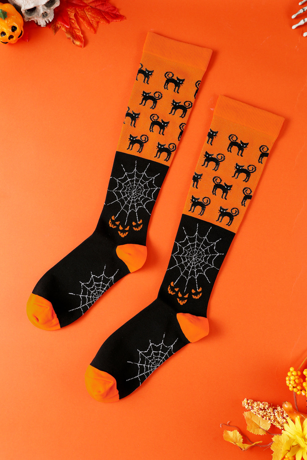 Orange Funny Cat & Web Pattern Halloween Compression Socks