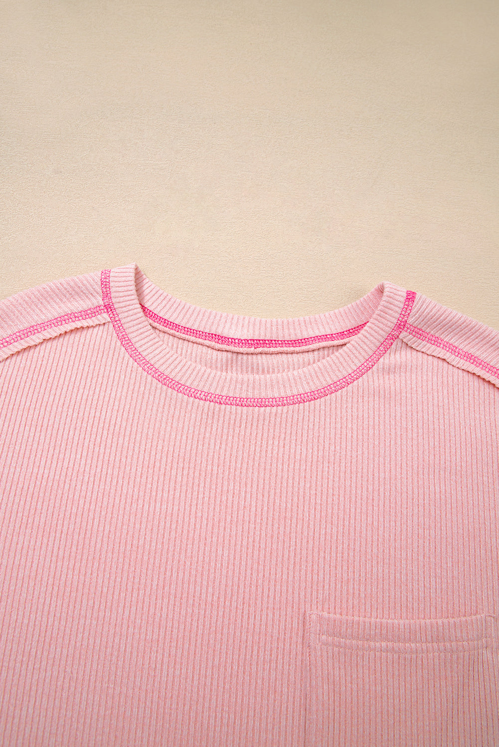 Bonbon Ribbed Exposed Seam Chest Pocket Plus Size Long Sleeve Top