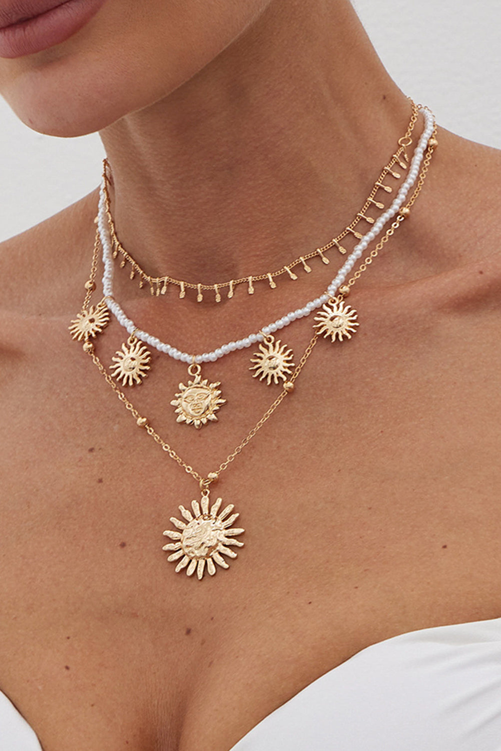 Gold Sun Pendant Pearl Chain Necklace Set