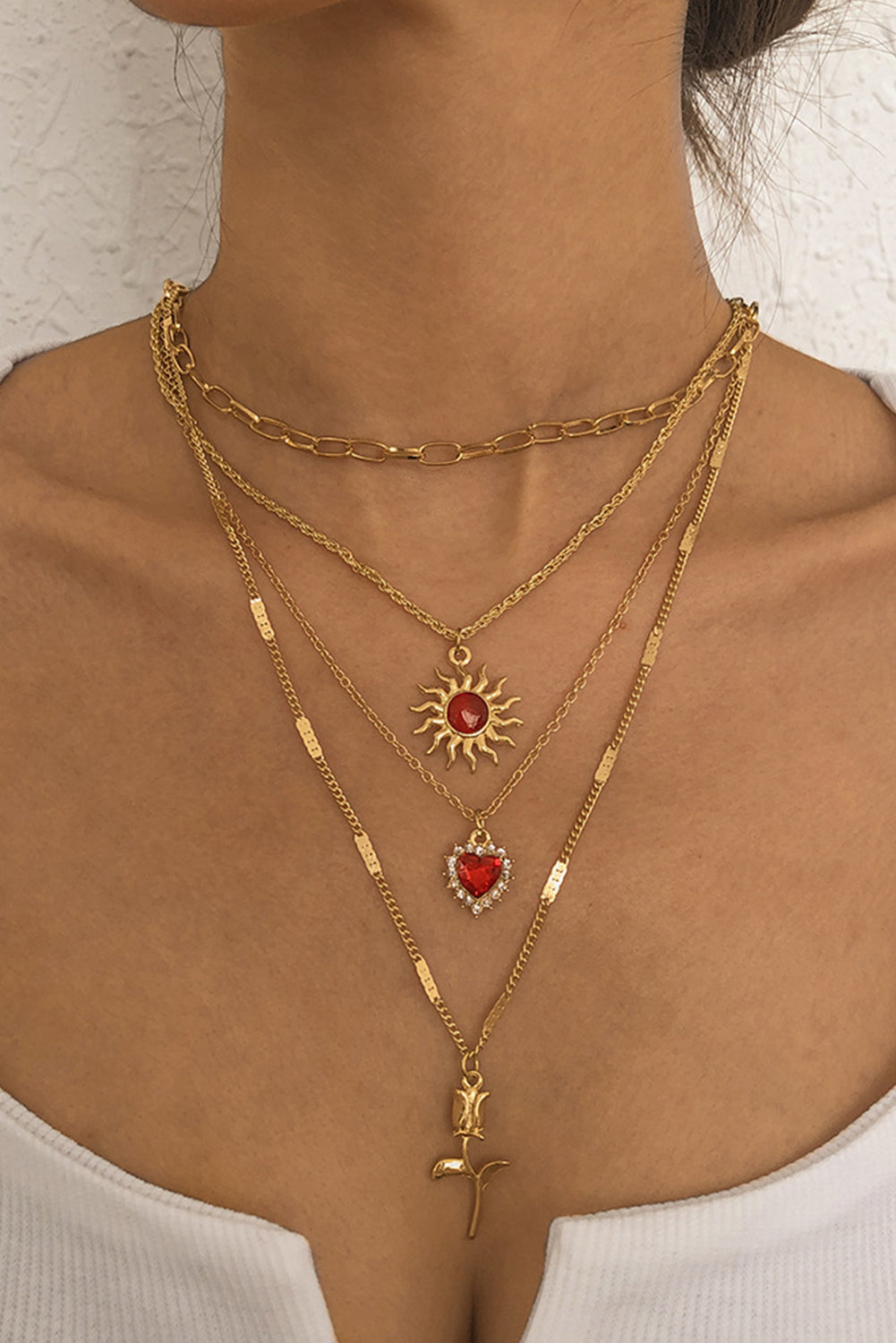 Gold Vintage Sun Heart Flower Pendant Charm Multi Layer Necklace