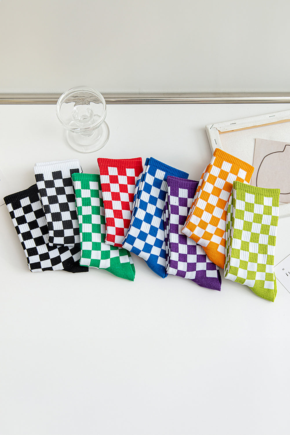Black Checkerboard Print Streetwear Crew Socks