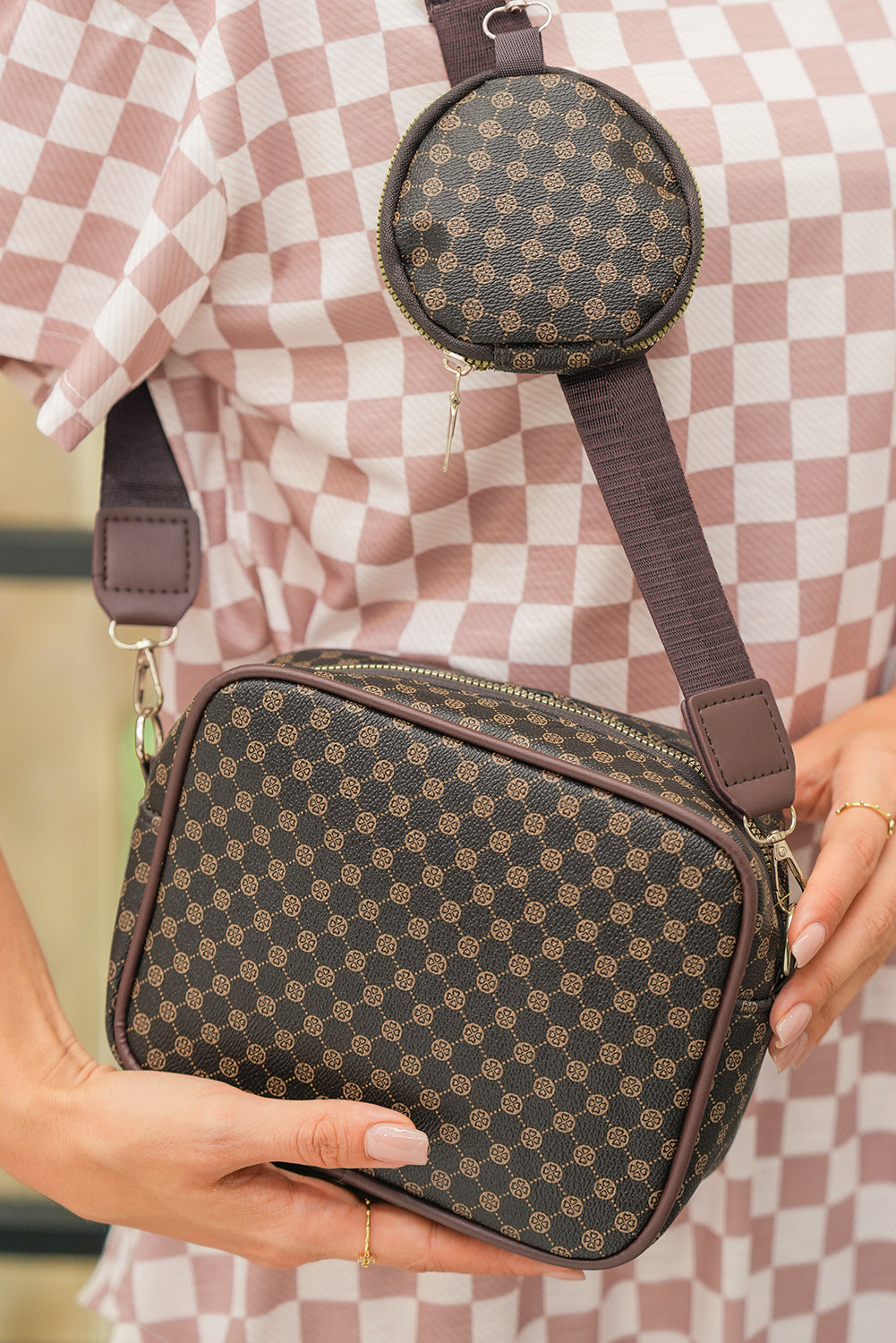 Coffee Geometric Pattern PU Leather Shoulder Bag With Coin Purse