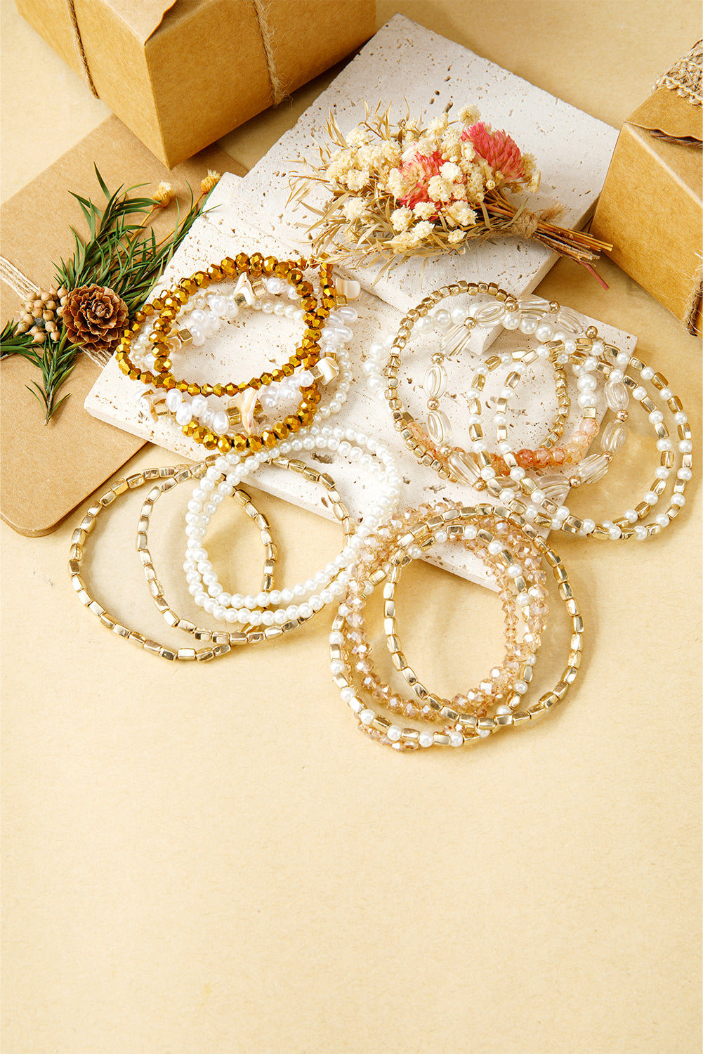 Gold 17pcs Baroque Style Pearl Crystal Beads Multi Layer Bracelet Set