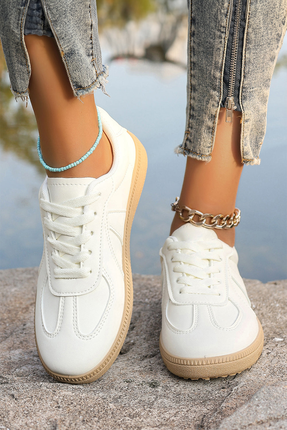 White Faux Leather Lace Up Flat Sneakers