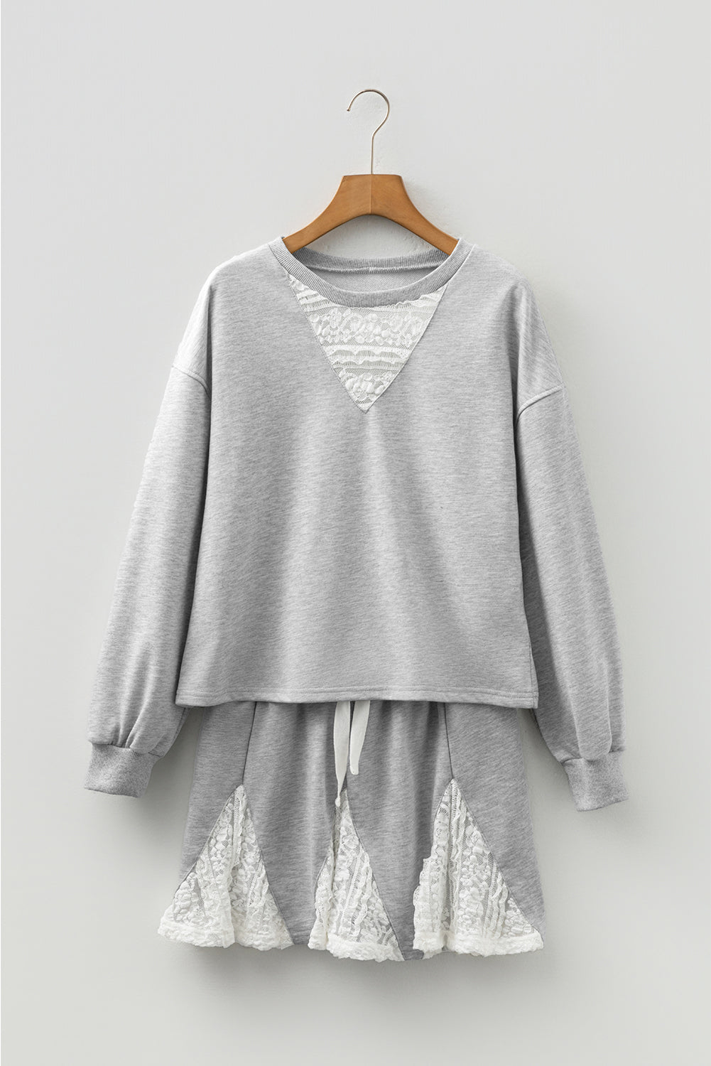 Light Grey Lace Patchwork Drop Shoulder Pullover Drawstring Skort Set