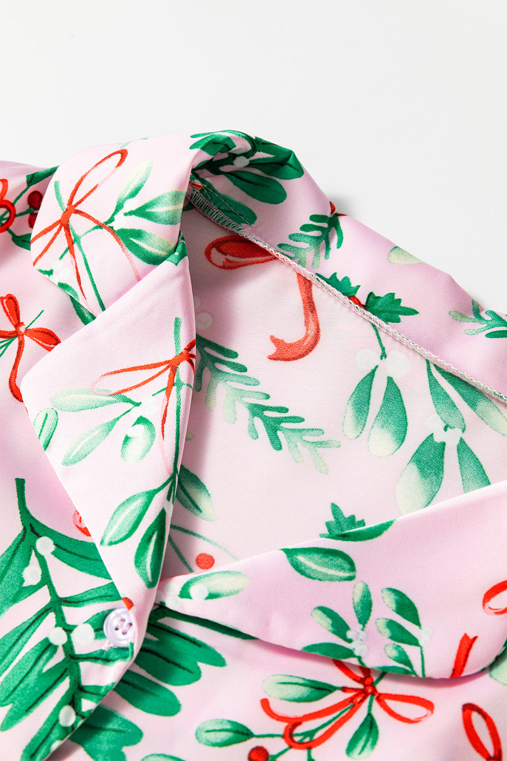 Pink Plants Print Plush Edge Collar Shirt Pants Pajama Set