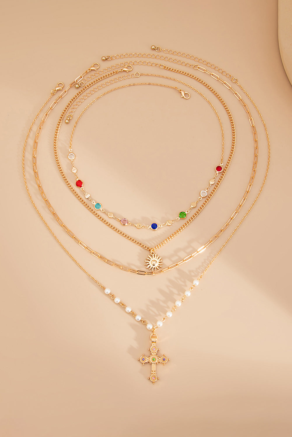 Gold 4pcs Cross Pendant Rhinestone Pearl Chain Necklace Set