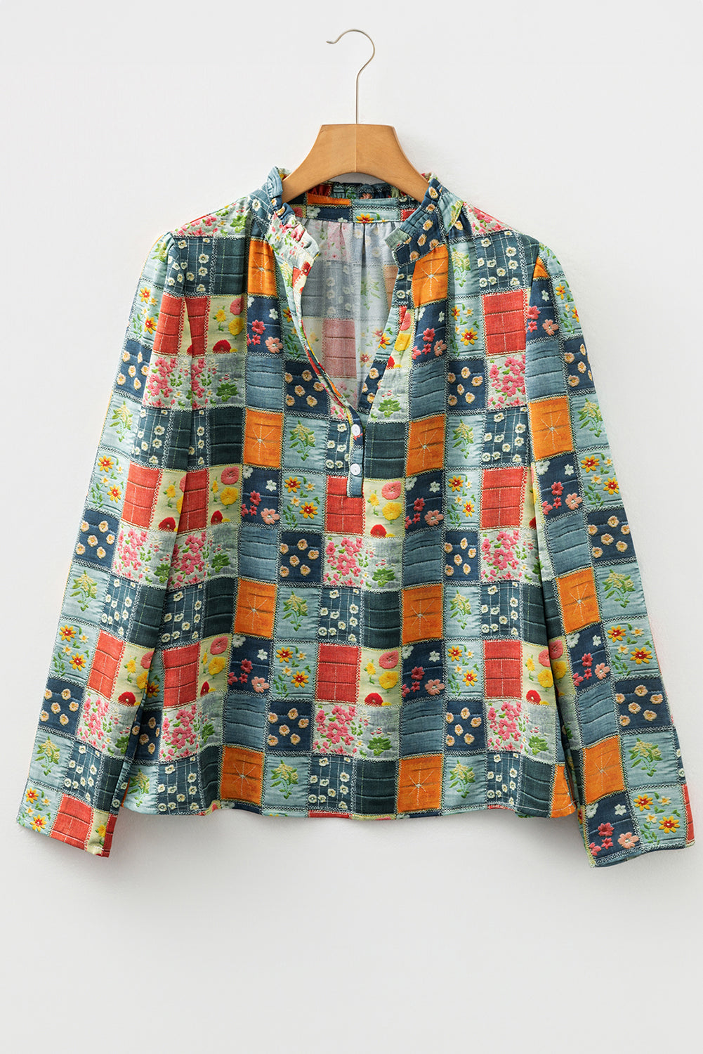 Sky Blue Checkered Floral Patchwork V Neck Blouse