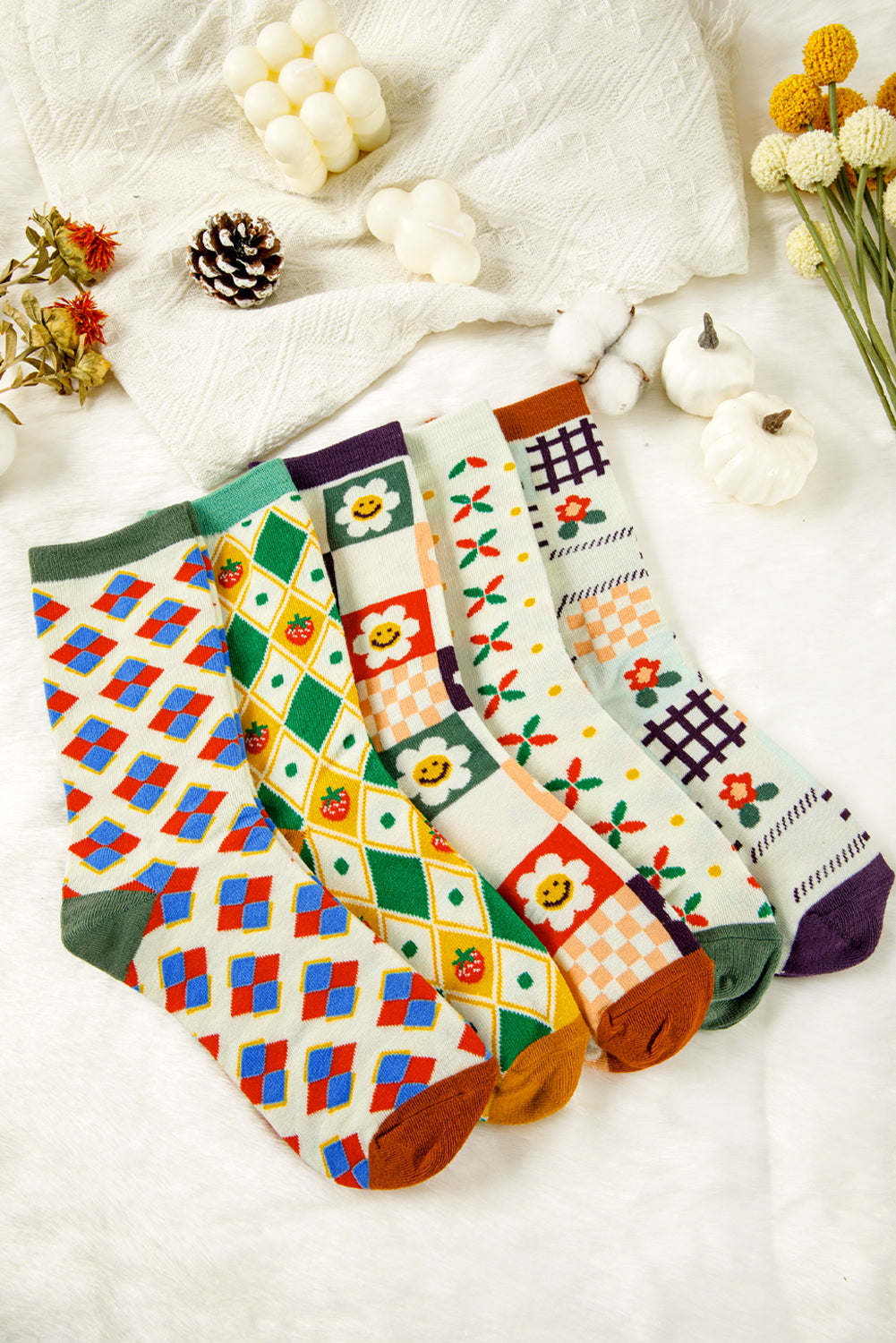 White Plaid Floral Cotton Crew Socks
