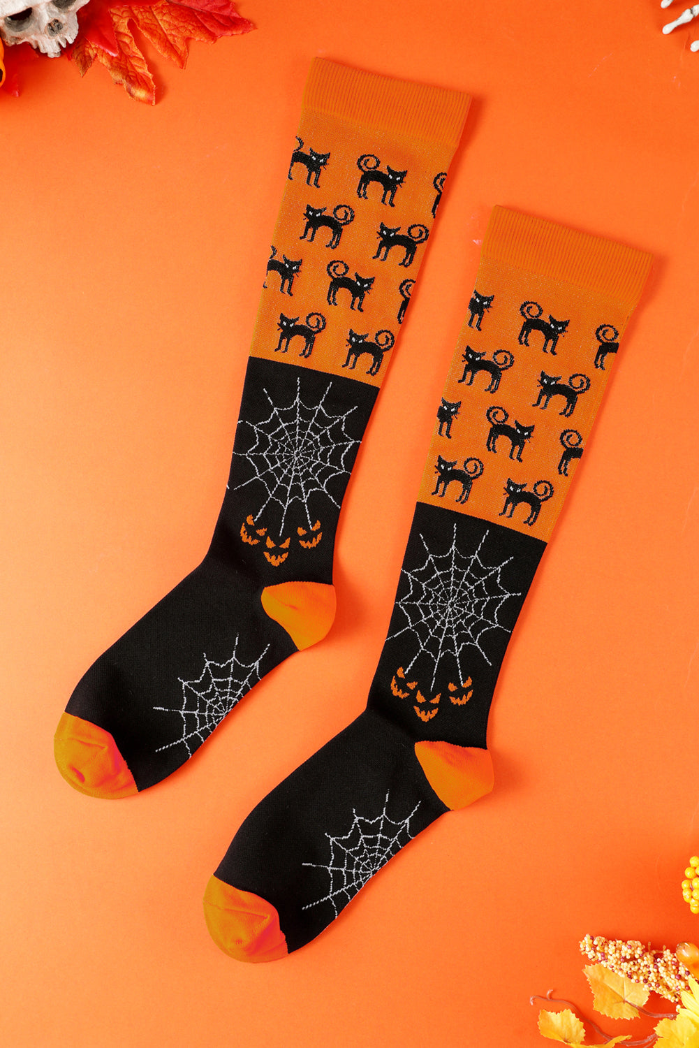 Orange Funny Cat & Web Pattern Halloween Compression Socks