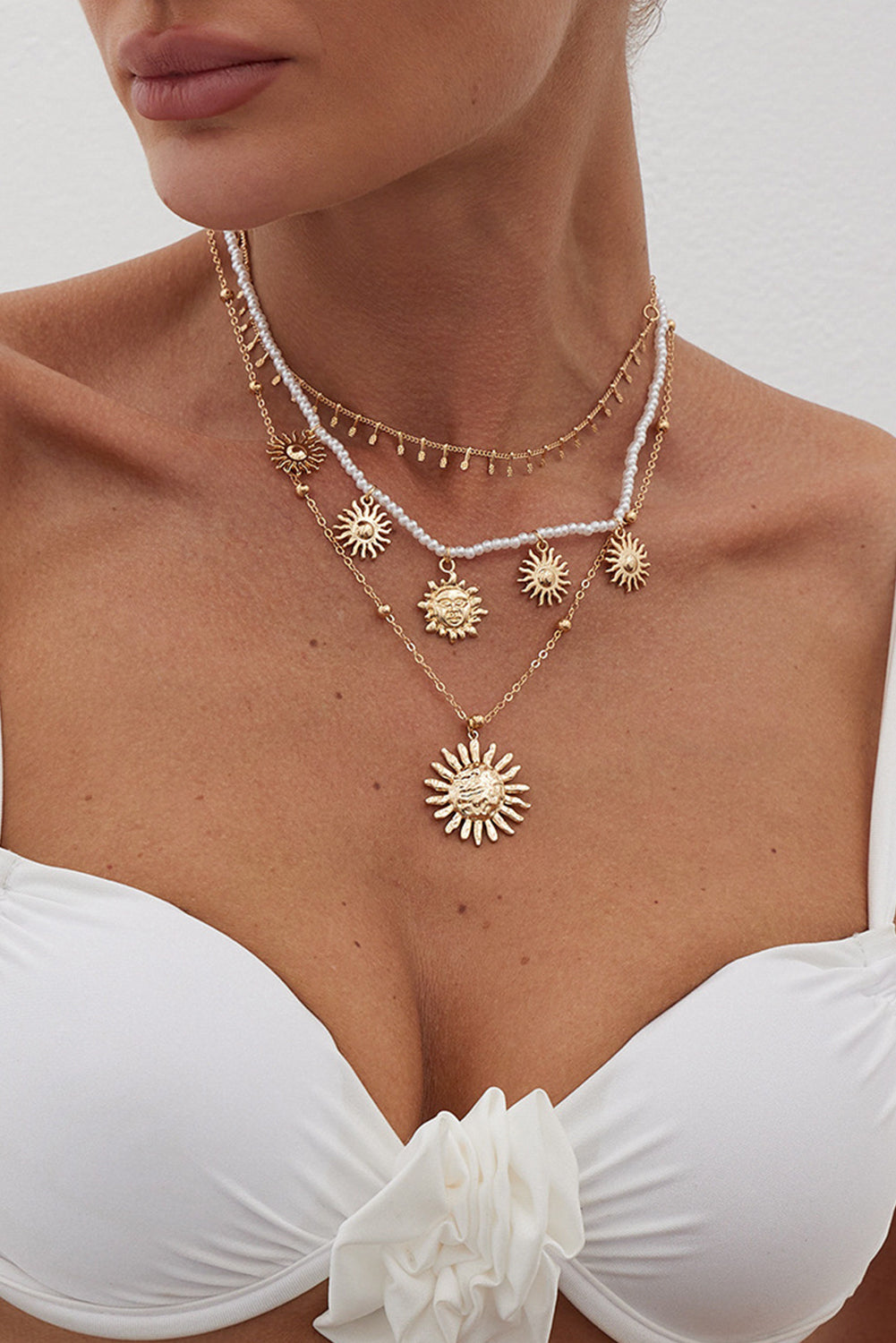 Gold Sun Pendant Pearl Chain Necklace Set