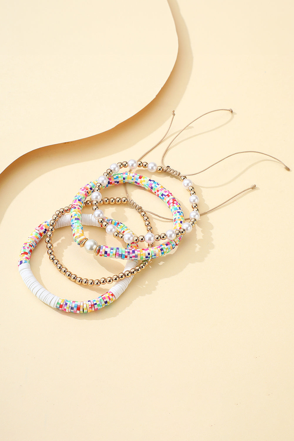 Gold Pearl Colorful Clay Beaded Stackable Bracelet Set