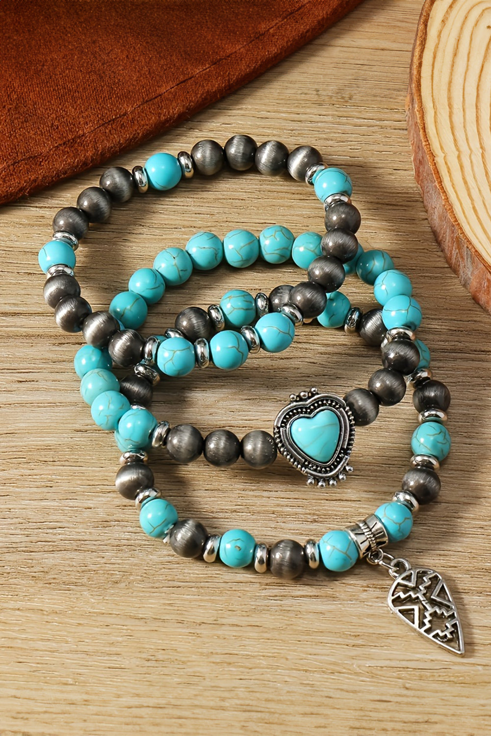 Turquoise Geometric Pendant Heart Beaded Bracelet Set