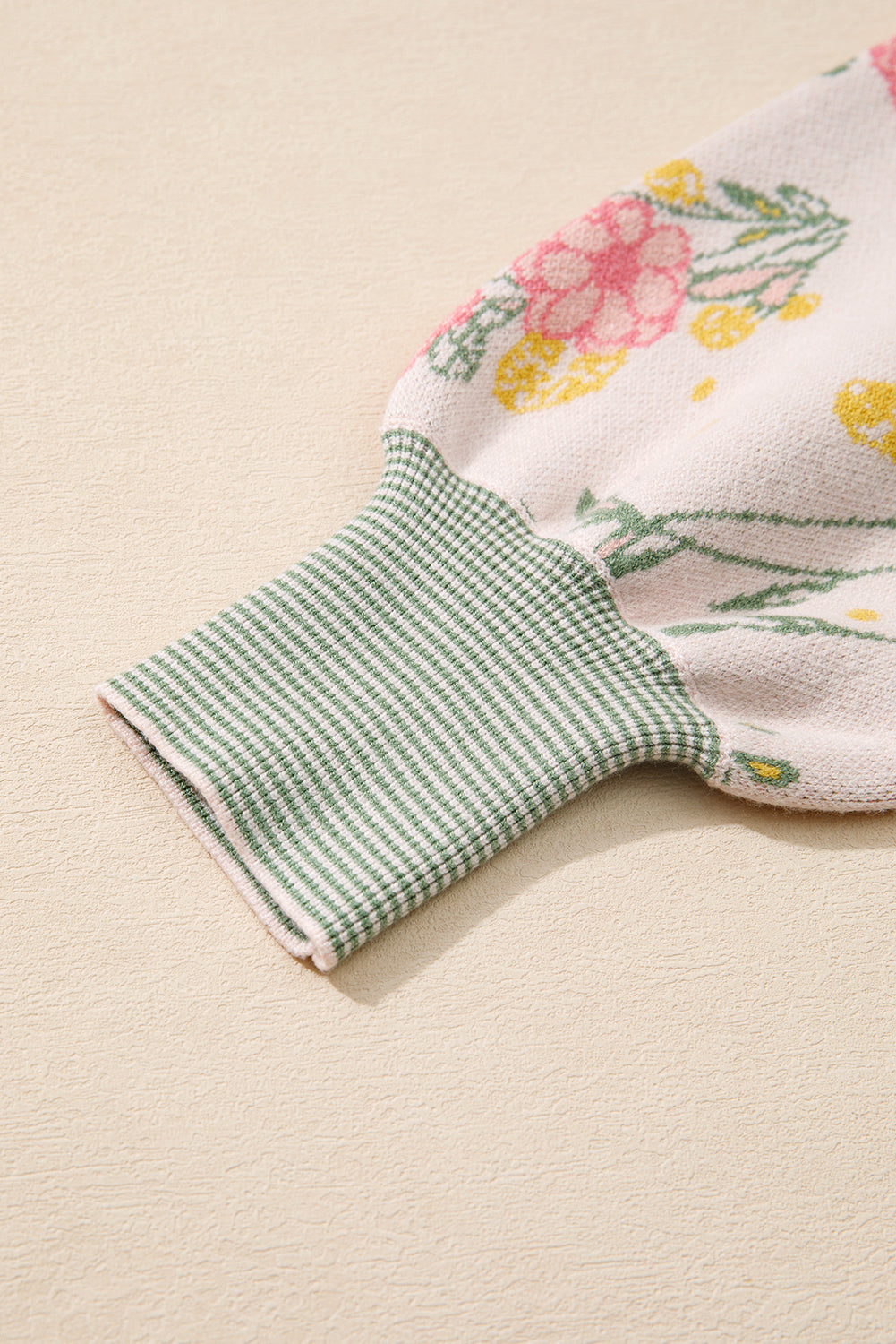 Pink Floral Striped Colorblock V Neck Loose Sweater