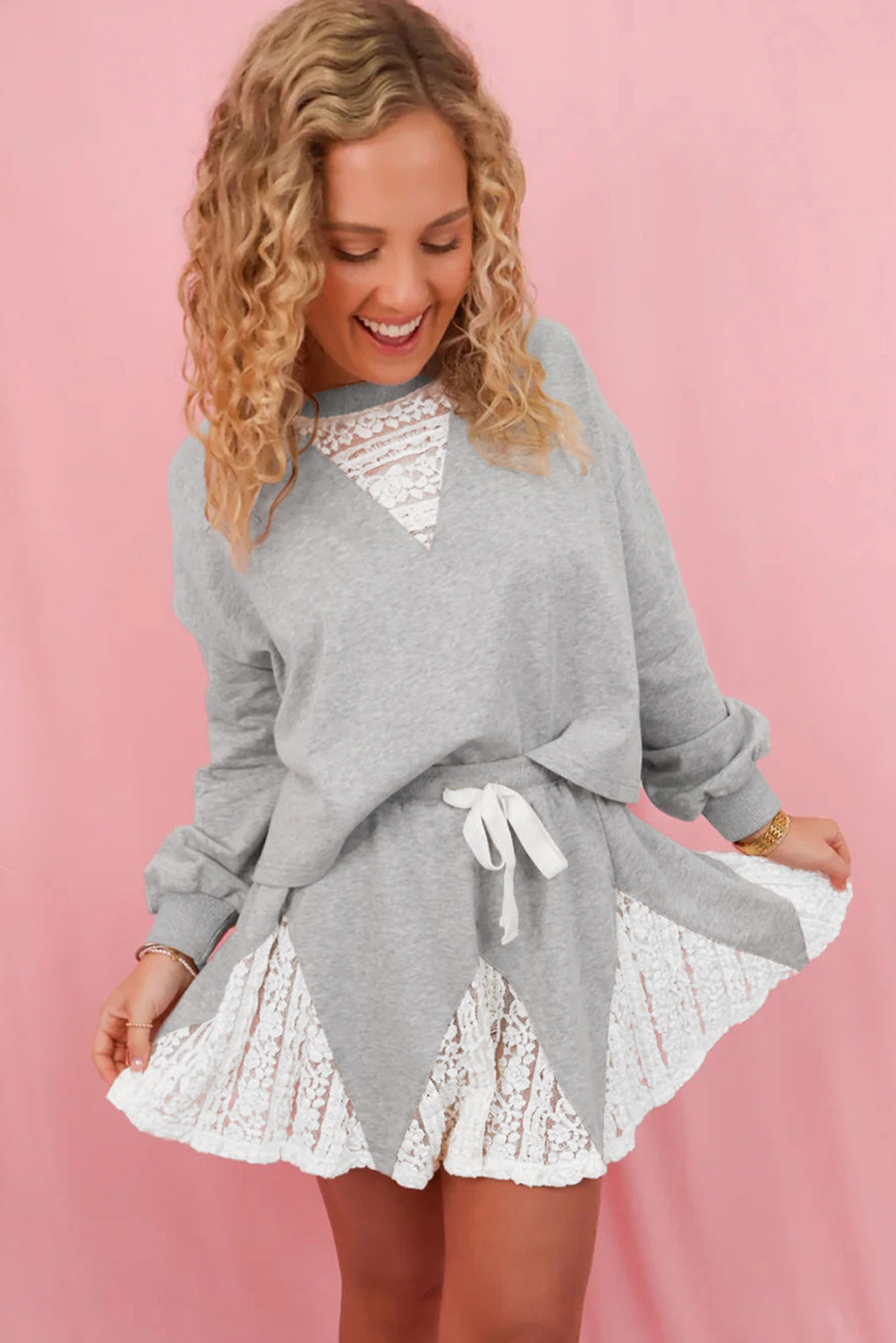 Light Grey Lace Patchwork Drop Shoulder Pullover Drawstring Skort Set