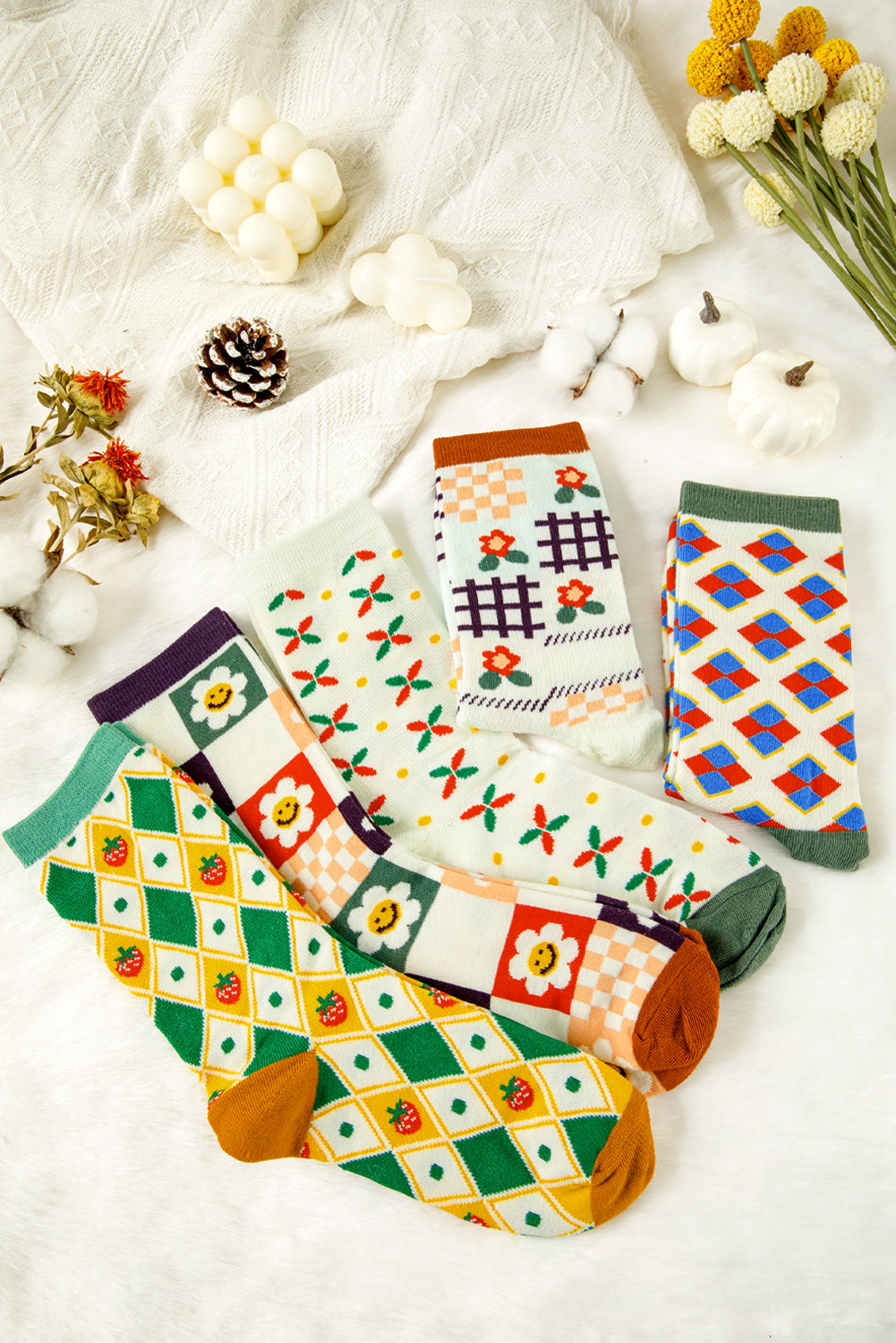 White Plaid Floral Cotton Crew Socks