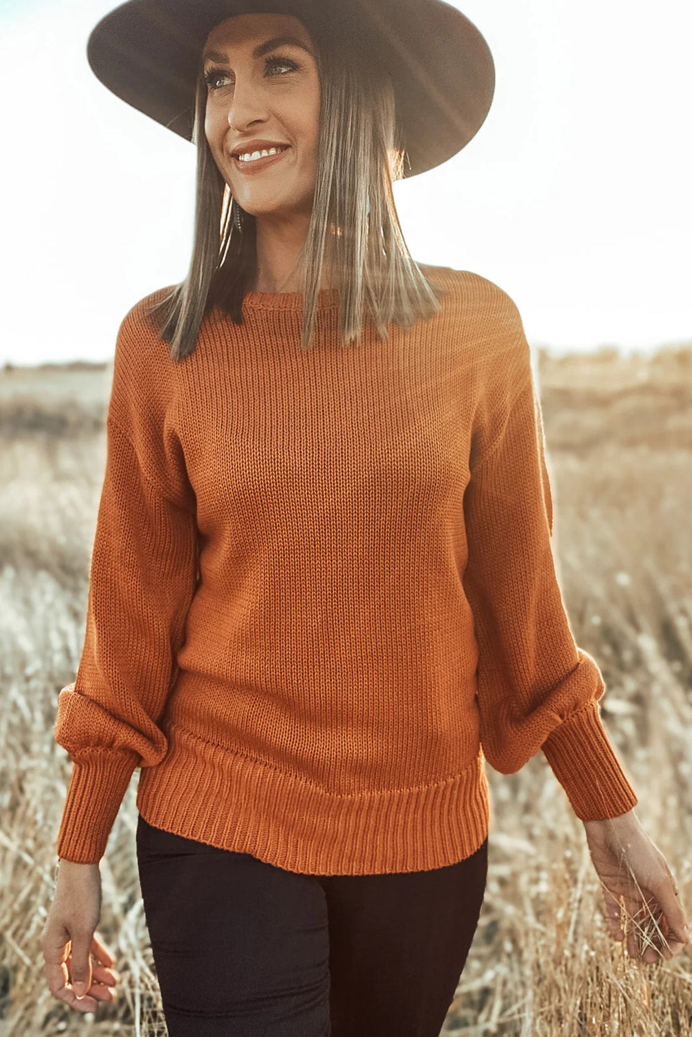 Gold Flame Solid Color Ribbed Trim Drop Shoulder Sweater