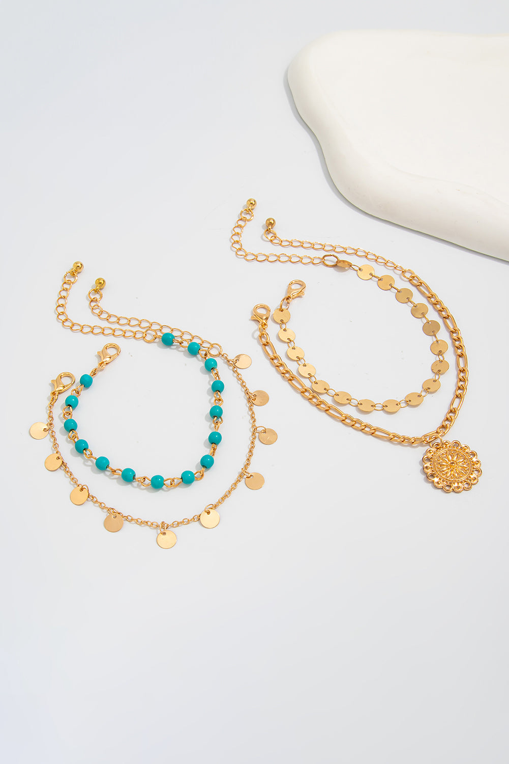 Gold 4pcs Pendant Turquoise Bead Bracelet Set