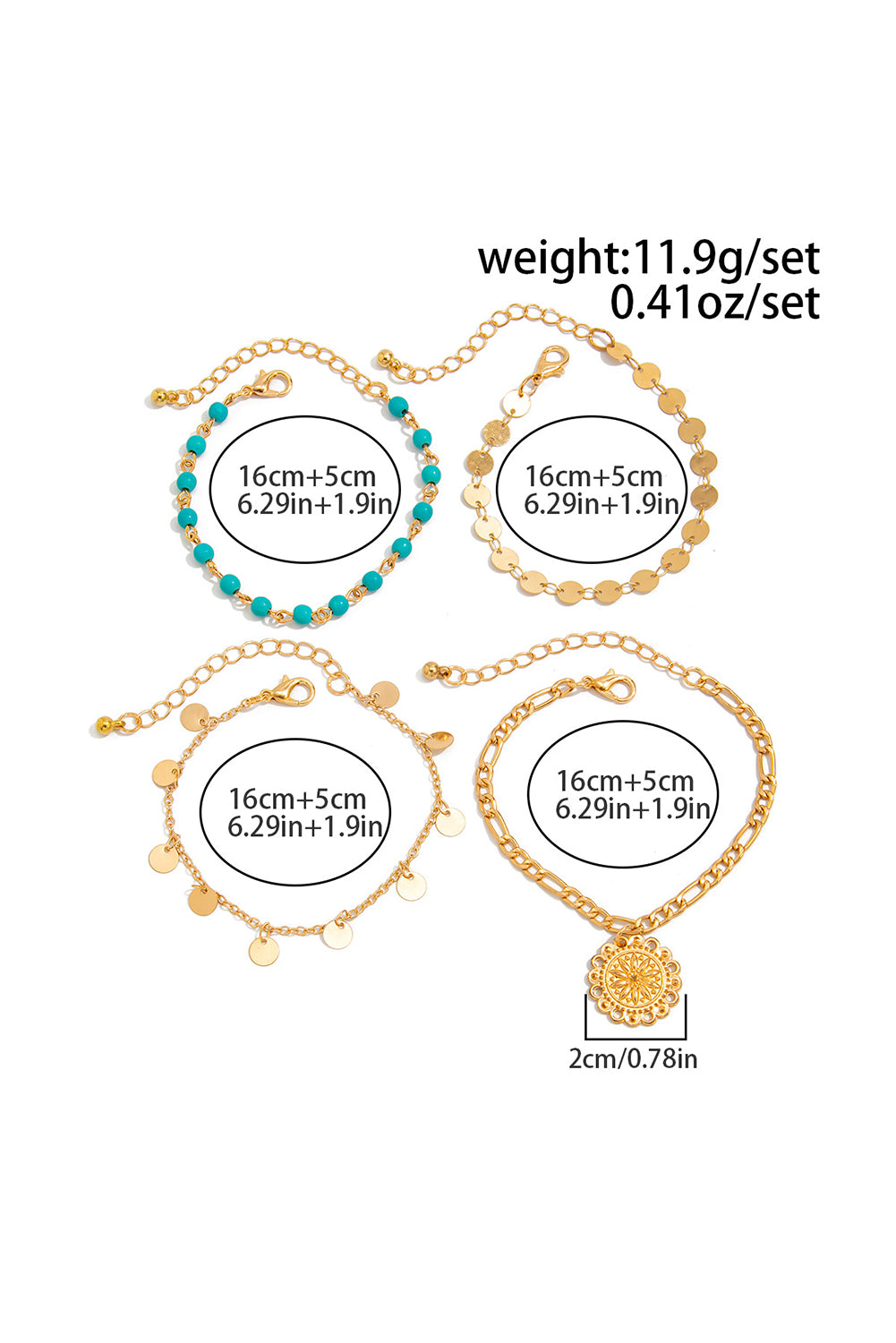 Gold 4pcs Pendant Turquoise Bead Bracelet Set
