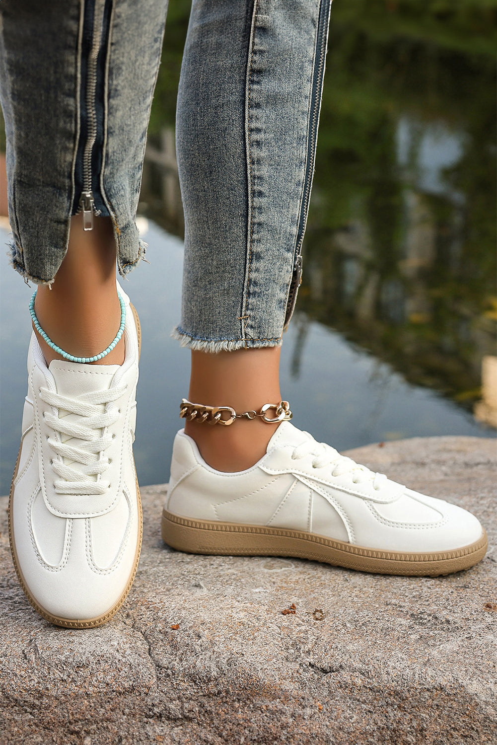 White Faux Leather Lace Up Flat Sneakers