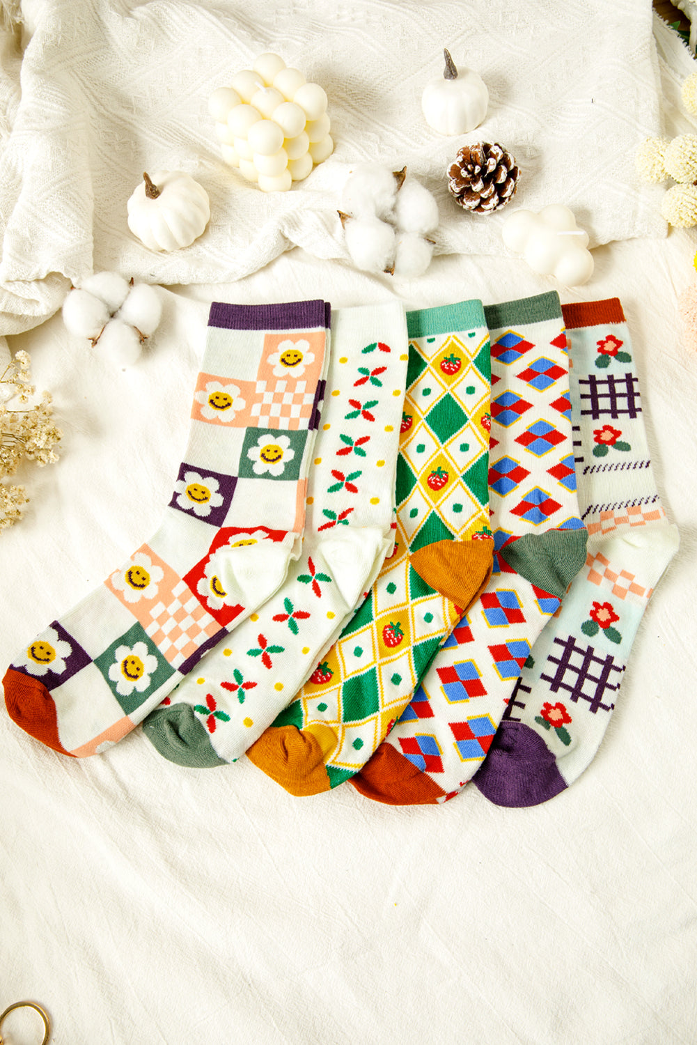 White Plaid Floral Cotton Crew Socks