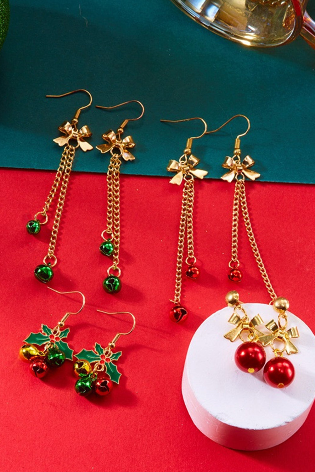Fiery Red Bow Christmas Jingle Bell Dangle Earring