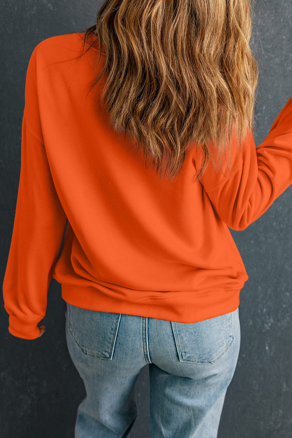Orange Solid Color Classic Crewneck Pullover Sweatshirt