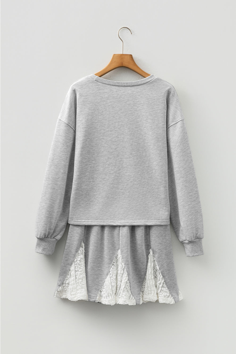 Light Grey Lace Patchwork Drop Shoulder Pullover Drawstring Skort Set