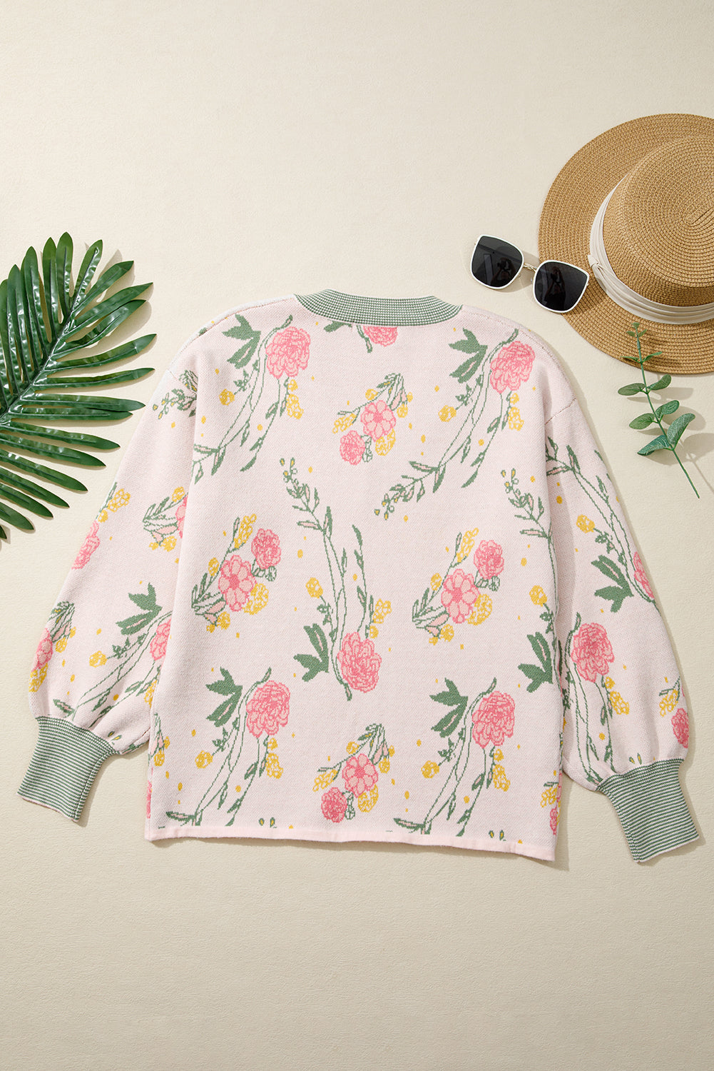 Pink Floral Striped Colorblock V Neck Loose Sweater