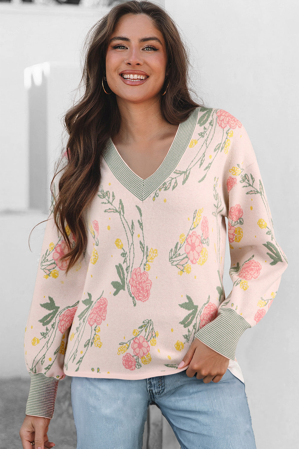 Pink Floral Striped Colorblock V Neck Loose Sweater