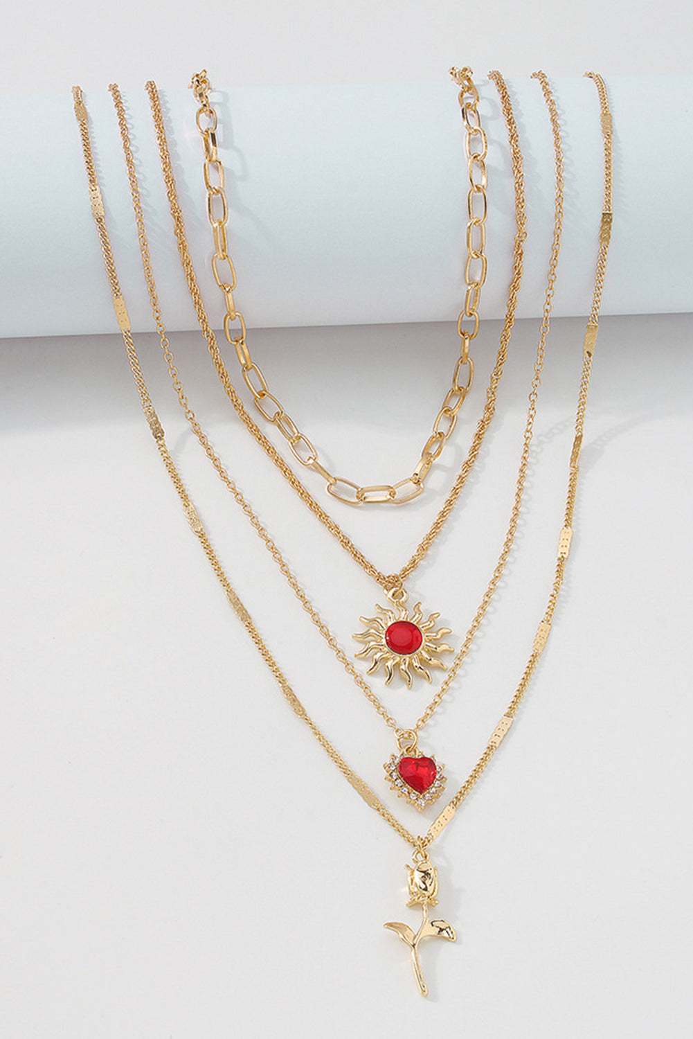 Gold Vintage Sun Heart Flower Pendant Charm Multi Layer Necklace