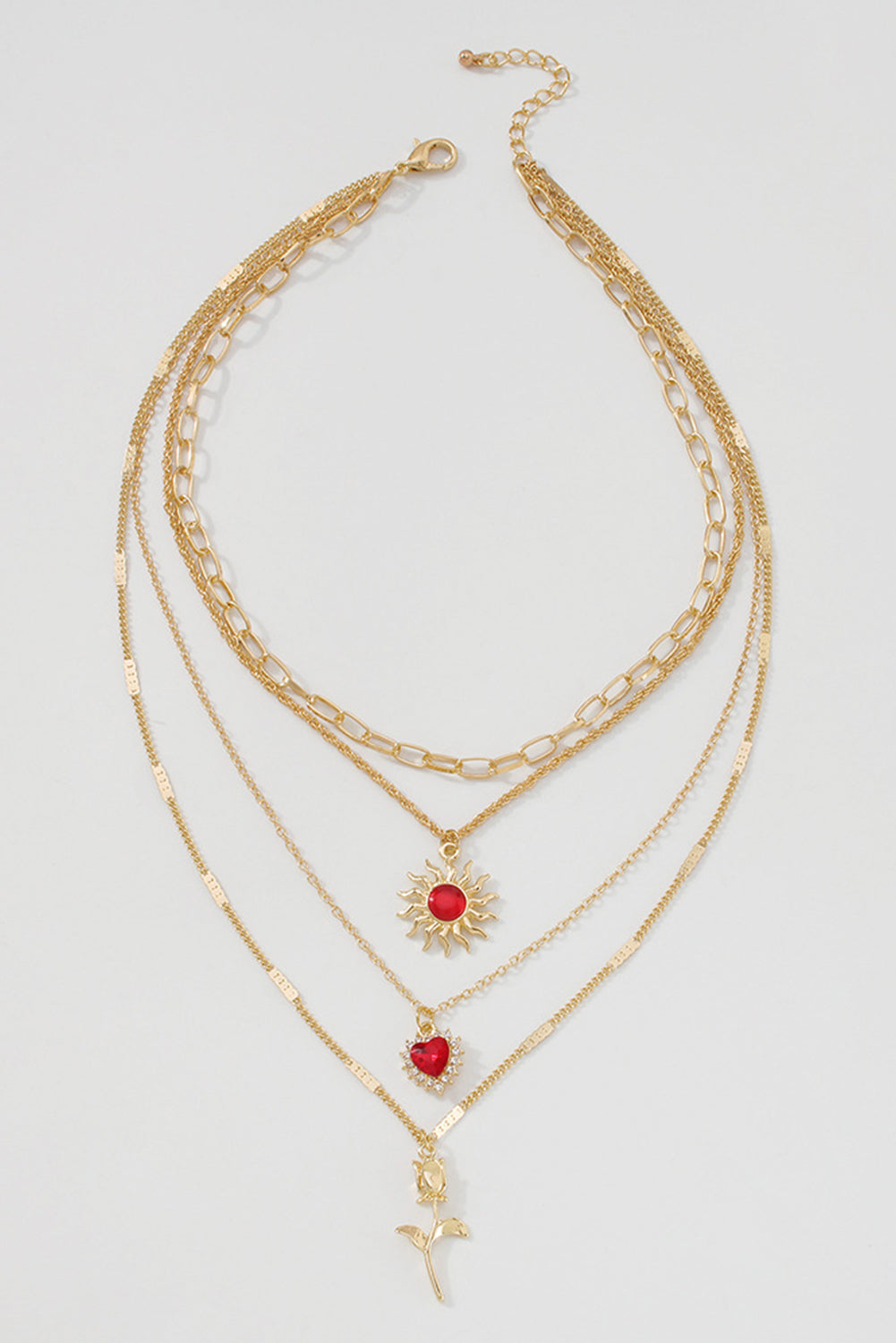 Gold Vintage Sun Heart Flower Pendant Charm Multi Layer Necklace