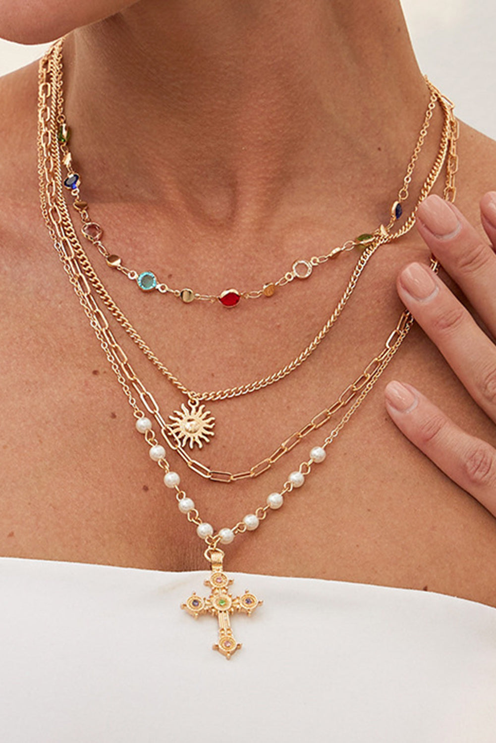 Gold 4pcs Cross Pendant Rhinestone Pearl Chain Necklace Set