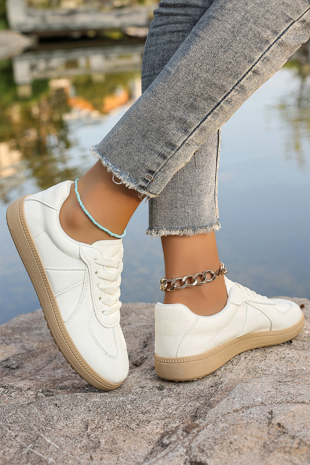 White Faux Leather Lace Up Flat Sneakers