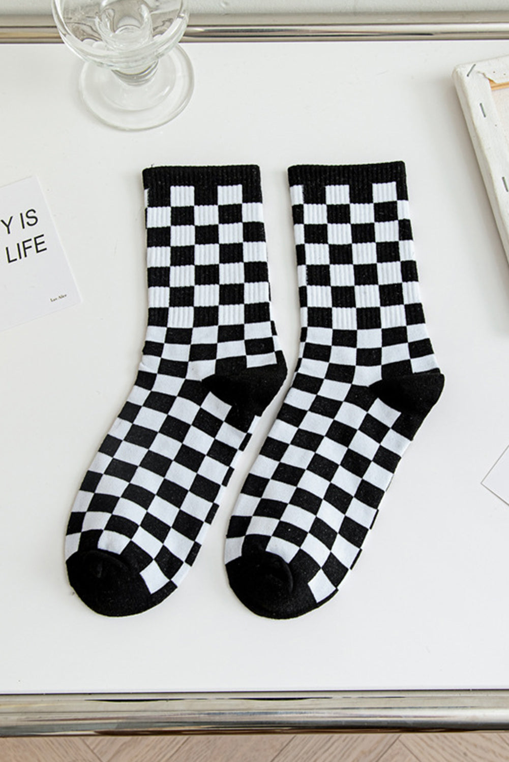Black Checkerboard Print Streetwear Crew Socks