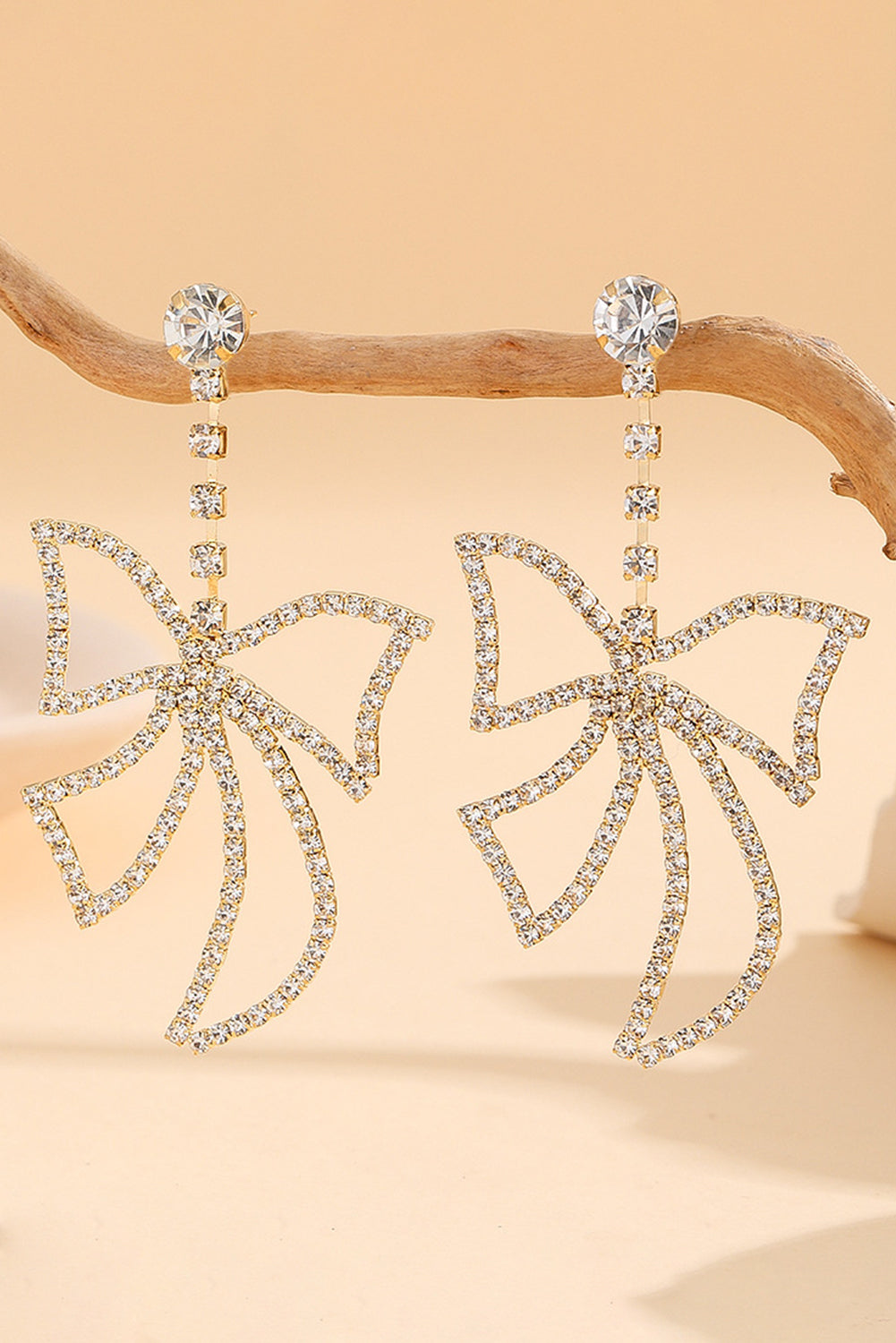 Gold Rhinestone Large Bow Pendant Earrings