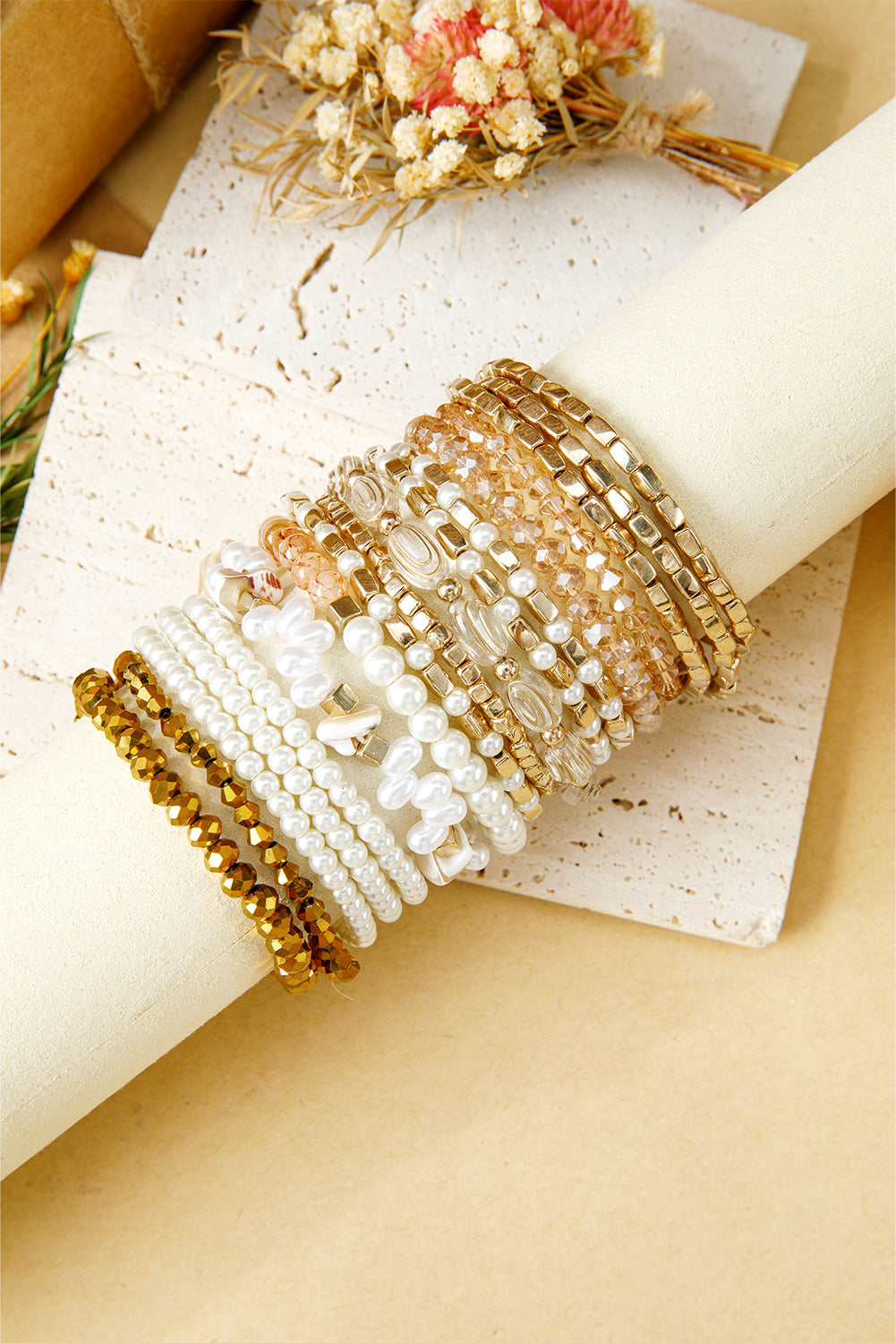 Gold 17pcs Baroque Style Pearl Crystal Beads Multi Layer Bracelet Set