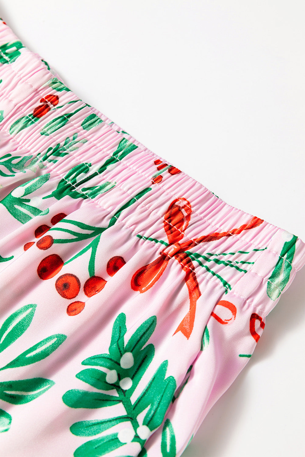 Pink Plants Print Plush Edge Collar Shirt Pants Pajama Set