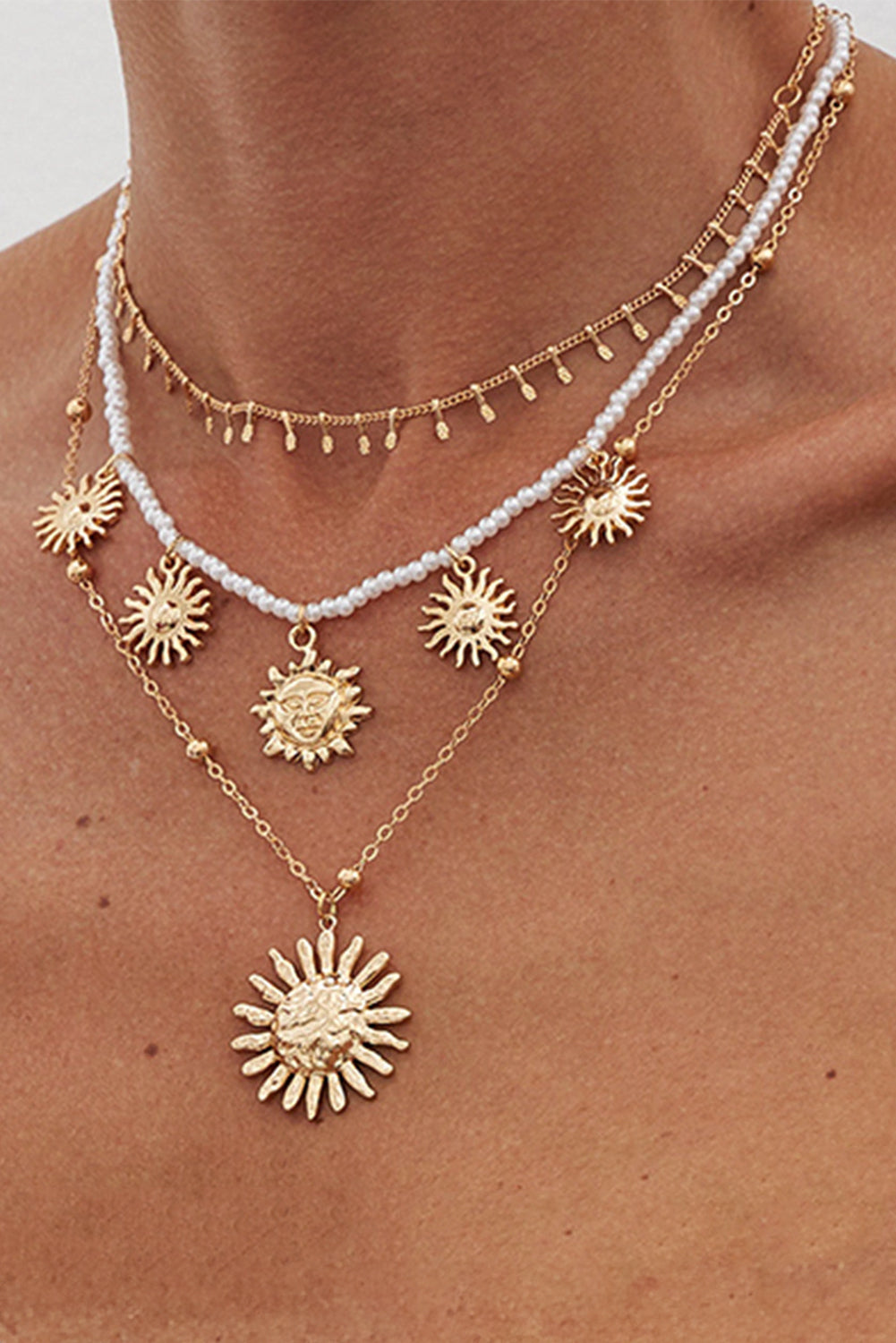 Gold Sun Pendant Pearl Chain Necklace Set