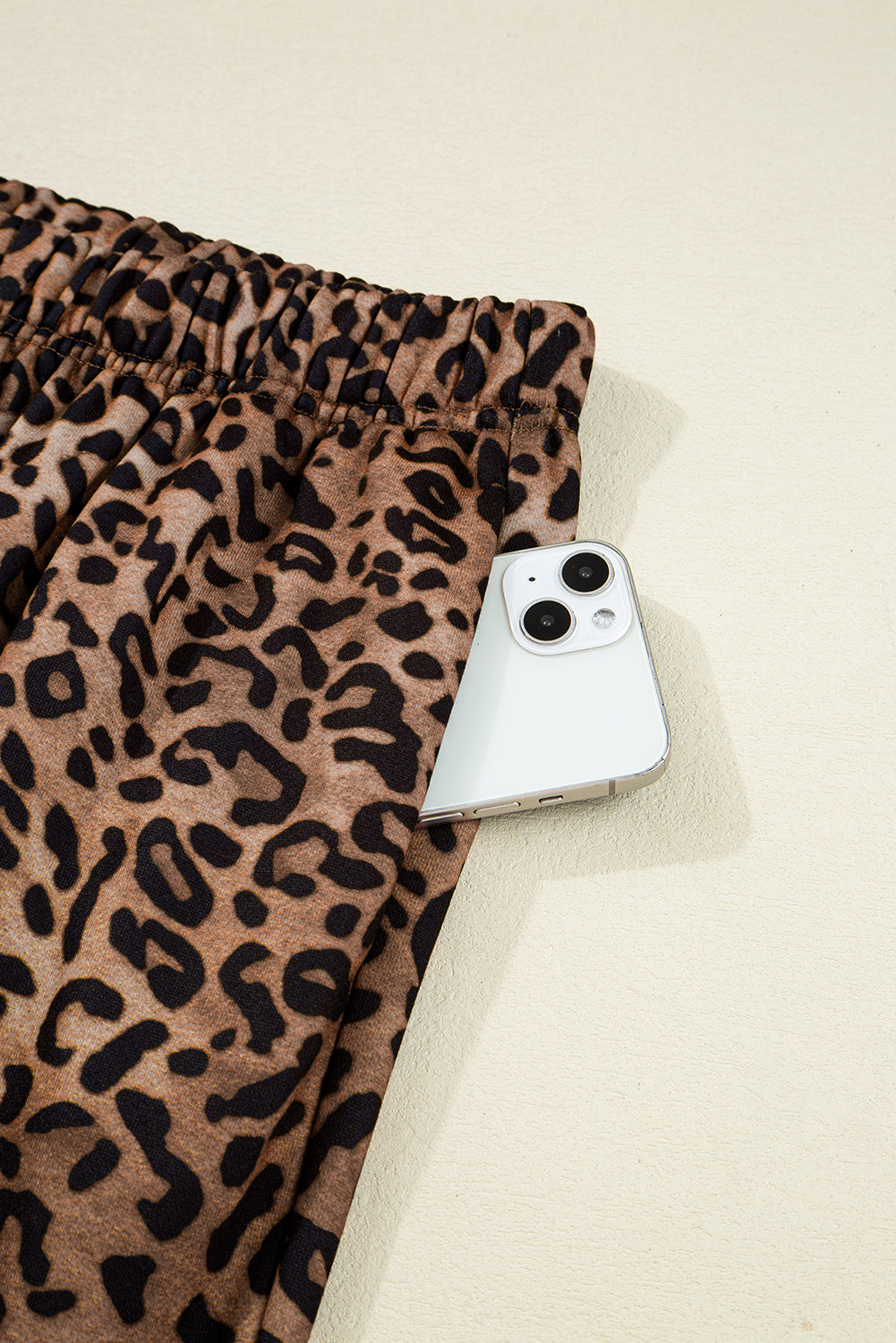 Coffee Allover Leopard Print Contrast Trim Long Sleeve Top and Pants Set